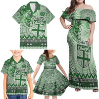 Vintage Bula Fiji Personalised Family Matching Off Shoulder Maxi Dress and Hawaiian Shirt Green Hibiscus Tapa Pattern LT9 - Polynesian Pride