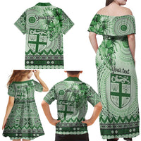 Vintage Bula Fiji Personalised Family Matching Off Shoulder Maxi Dress and Hawaiian Shirt Green Hibiscus Tapa Pattern LT9 - Polynesian Pride
