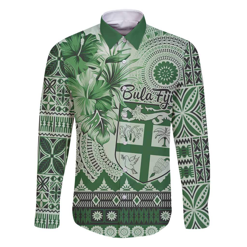 Vintage Bula Fiji Personalised Family Matching Off Shoulder Maxi Dress and Hawaiian Shirt Green Hibiscus Tapa Pattern LT9 Dad's Shirt - Long Sleeve Green - Polynesian Pride