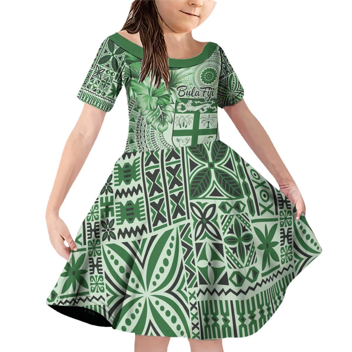 Vintage Bula Fiji Personalised Family Matching Off Shoulder Short Dress and Hawaiian Shirt Green Hibiscus Tapa Pattern LT9 Daughter's Dress Green - Polynesian Pride