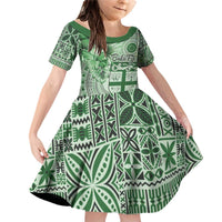 Vintage Bula Fiji Personalised Family Matching Off Shoulder Short Dress and Hawaiian Shirt Green Hibiscus Tapa Pattern LT9 Daughter's Dress Green - Polynesian Pride