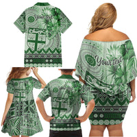 Vintage Bula Fiji Personalised Family Matching Off Shoulder Short Dress and Hawaiian Shirt Green Hibiscus Tapa Pattern LT9 - Polynesian Pride