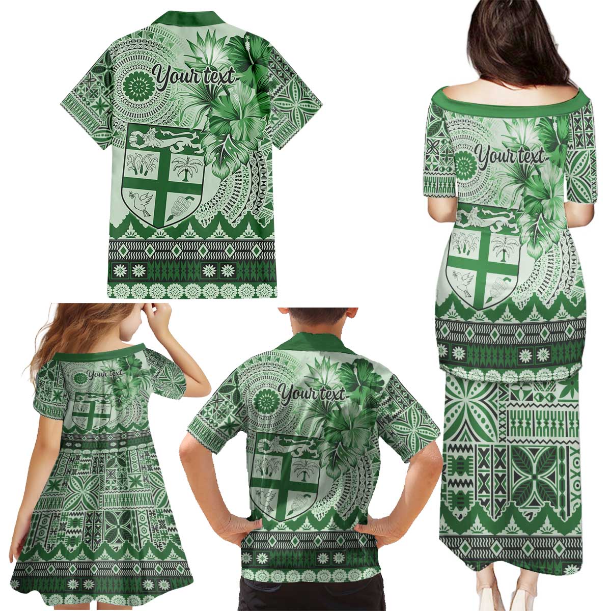 Vintage Bula Fiji Personalised Family Matching Puletasi and Hawaiian Shirt Green Hibiscus Tapa Pattern LT9 - Polynesian Pride