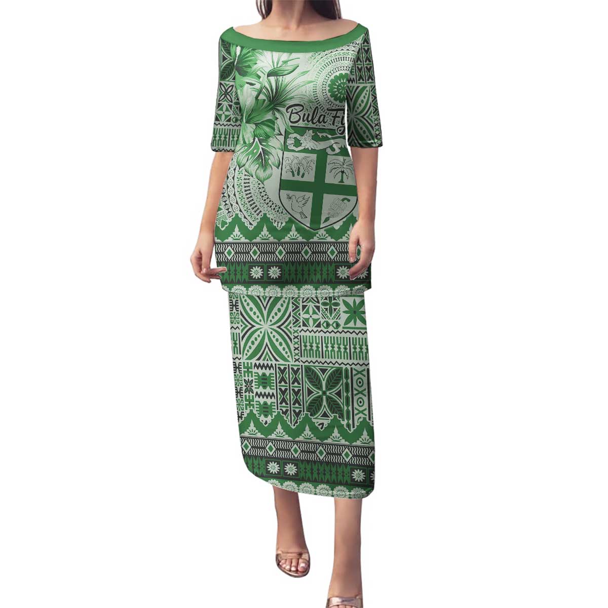 Vintage Bula Fiji Personalised Family Matching Puletasi and Hawaiian Shirt Green Hibiscus Tapa Pattern LT9 Mom's Dress Green - Polynesian Pride