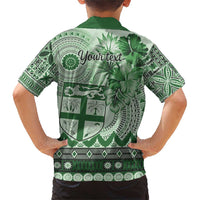 Vintage Bula Fiji Personalised Family Matching Short Sleeve Bodycon Dress and Hawaiian Shirt Green Hibiscus Tapa Pattern LT9 - Polynesian Pride