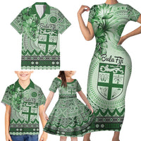 Vintage Bula Fiji Personalised Family Matching Short Sleeve Bodycon Dress and Hawaiian Shirt Green Hibiscus Tapa Pattern LT9 - Polynesian Pride