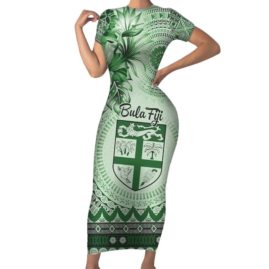 Vintage Bula Fiji Personalised Family Matching Short Sleeve Bodycon Dress and Hawaiian Shirt Green Hibiscus Tapa Pattern LT9 Mom's Dress Green - Polynesian Pride
