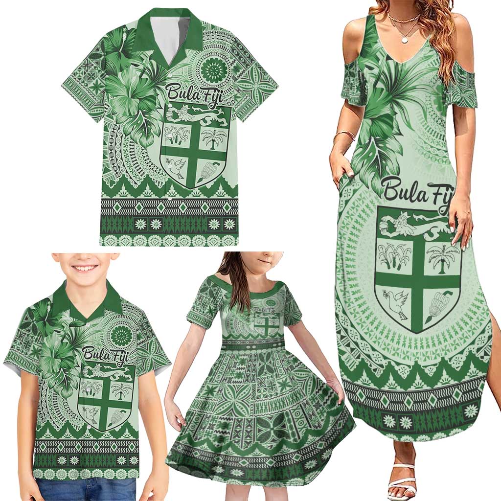 Vintage Bula Fiji Personalised Family Matching Summer Maxi Dress and Hawaiian Shirt Green Hibiscus Tapa Pattern LT9 - Polynesian Pride