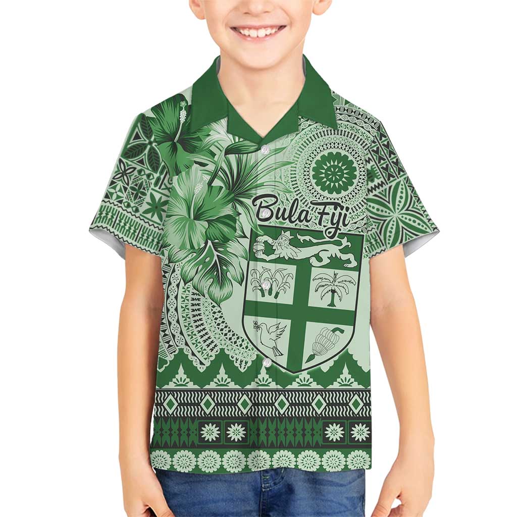 Vintage Bula Fiji Personalised Family Matching Summer Maxi Dress and Hawaiian Shirt Green Hibiscus Tapa Pattern LT9 Son's Shirt Green - Polynesian Pride