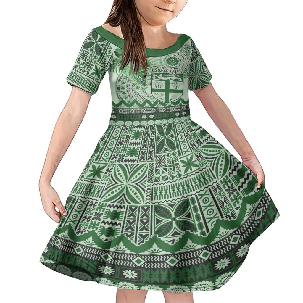 Vintage Bula Fiji Personalised Family Matching Tank Maxi Dress and Hawaiian Shirt Green Hibiscus Tapa Pattern LT9 Daughter's Dress Green - Polynesian Pride