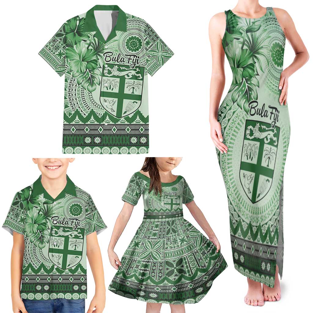 Vintage Bula Fiji Personalised Family Matching Tank Maxi Dress and Hawaiian Shirt Green Hibiscus Tapa Pattern LT9 - Polynesian Pride