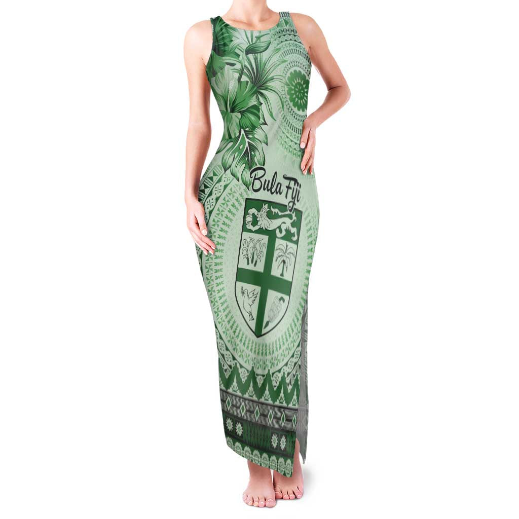 Vintage Bula Fiji Personalised Family Matching Tank Maxi Dress and Hawaiian Shirt Green Hibiscus Tapa Pattern LT9 Mom's Dress Green - Polynesian Pride