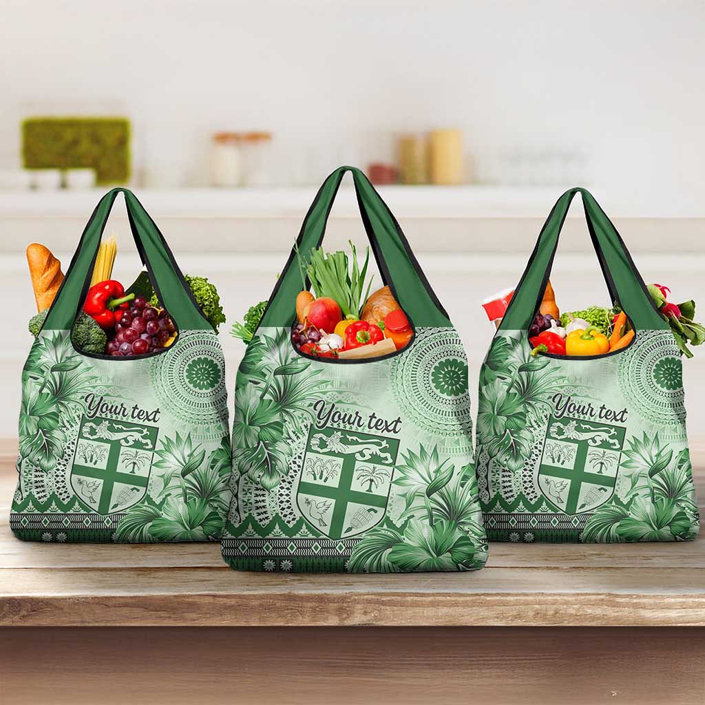 Vintage Bula Fiji Personalised Grocery Bag Green Hibiscus Tapa Pattern LT9