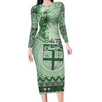Vintage Bula Fiji Personalised Long Sleeve Bodycon Dress Green Hibiscus Tapa Pattern LT9 Long Dress Green - Polynesian Pride
