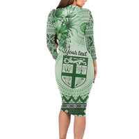 Vintage Bula Fiji Personalised Long Sleeve Bodycon Dress Green Hibiscus Tapa Pattern LT9 - Polynesian Pride
