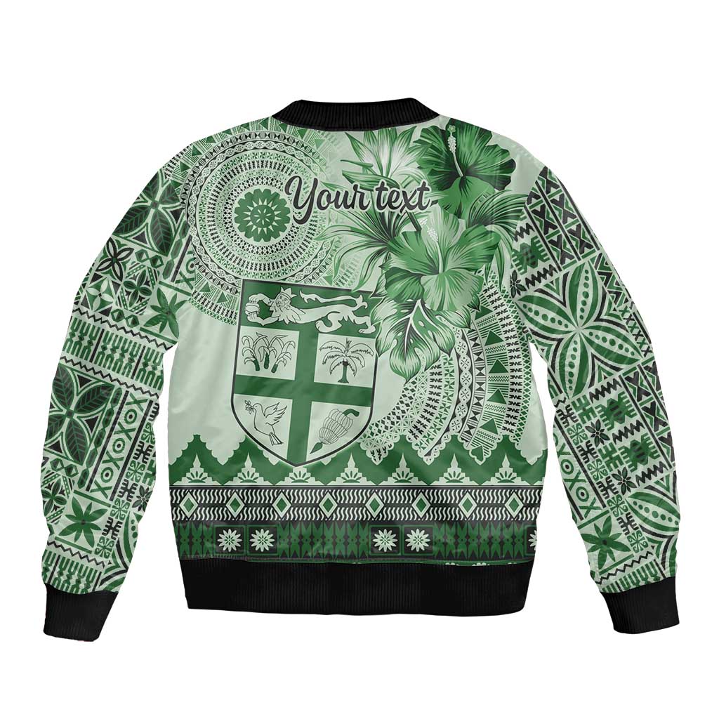 Vintage Bula Fiji Personalised Sleeve Zip Bomber Jacket Green Hibiscus Tapa Pattern LT9 - Polynesian Pride