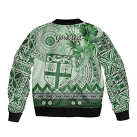 Vintage Bula Fiji Personalised Sleeve Zip Bomber Jacket Green Hibiscus Tapa Pattern LT9 - Polynesian Pride