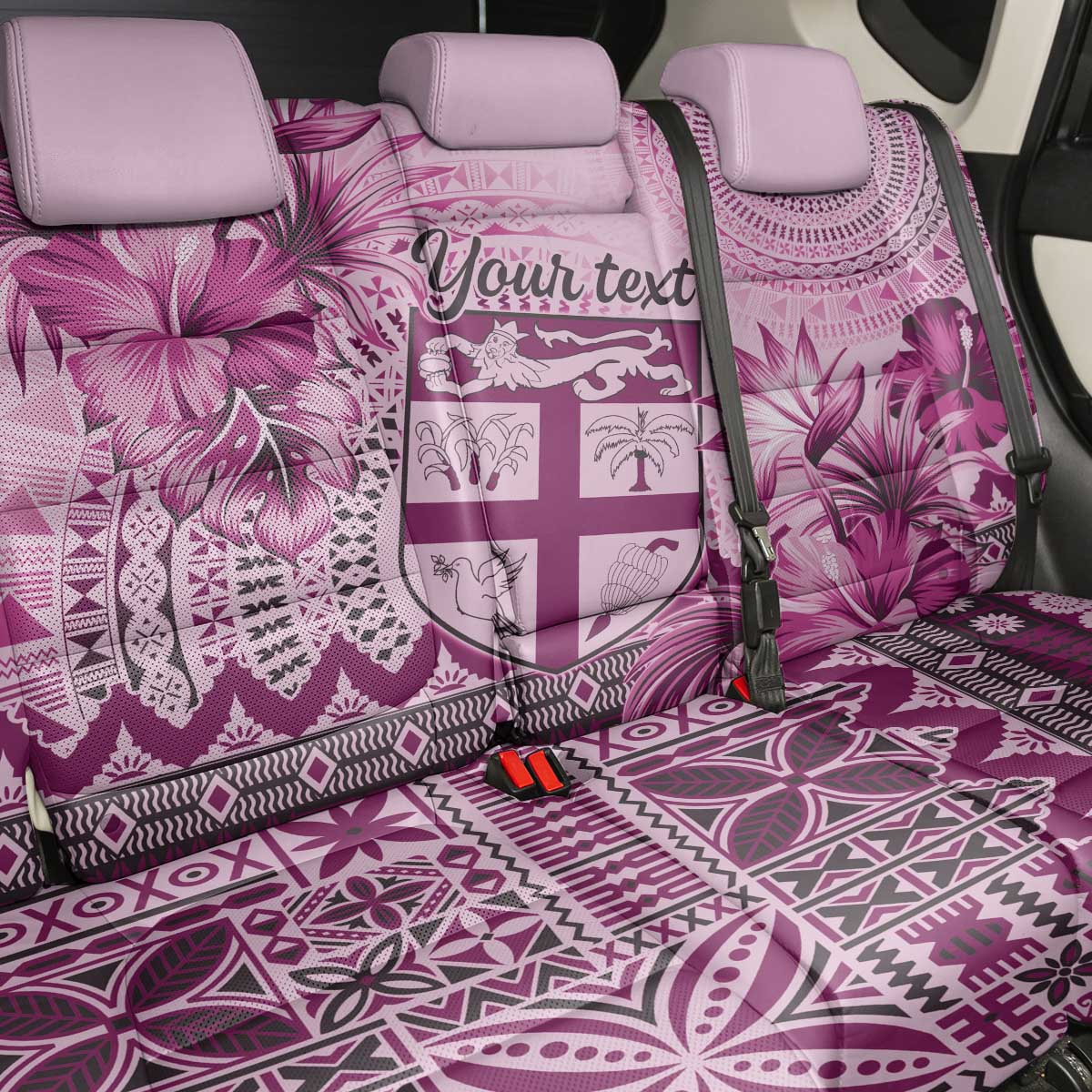 Vintage Bula Fiji Personalised Back Car Seat Cover Pink Hibiscus Tapa Pattern LT9