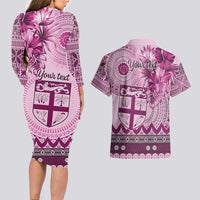 Vintage Bula Fiji Personalised Couples Matching Long Sleeve Bodycon Dress and Hawaiian Shirt Pink Hibiscus Tapa Pattern LT9 - Polynesian Pride