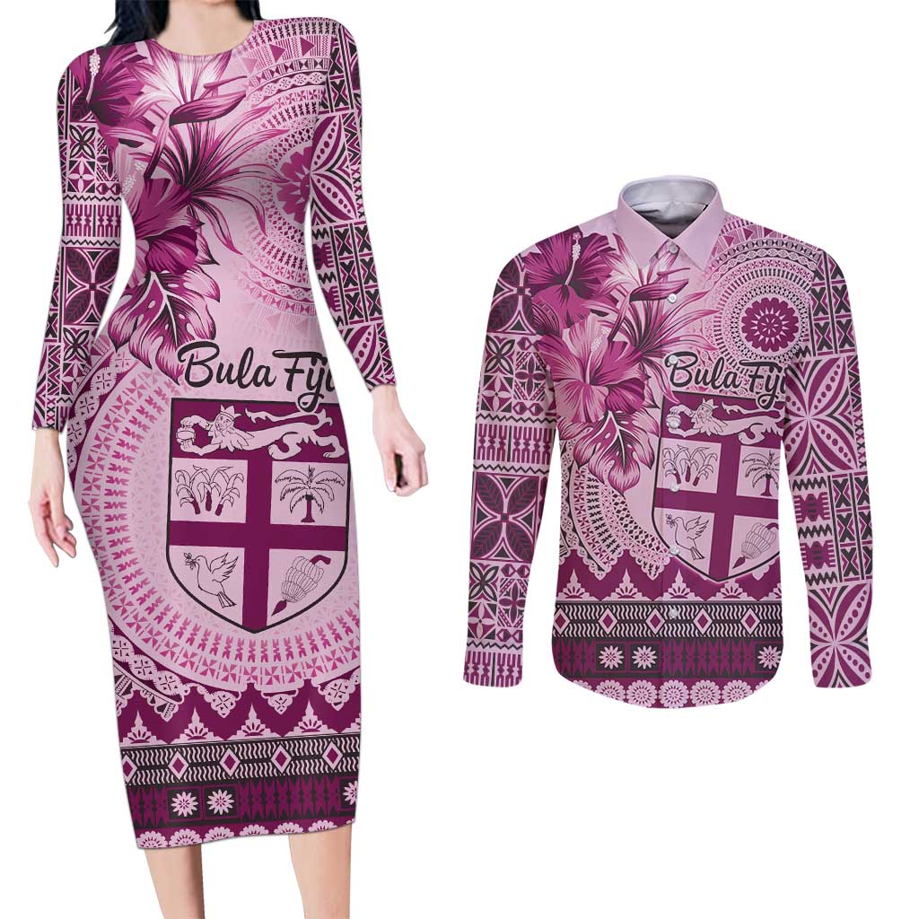 Vintage Bula Fiji Personalised Couples Matching Long Sleeve Bodycon Dress and Long Sleeve Button Shirt Pink Hibiscus Tapa Pattern LT9 Pink - Polynesian Pride