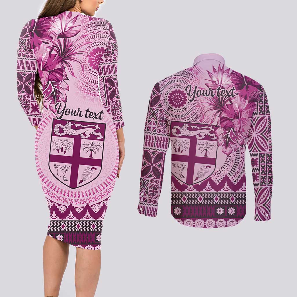 Vintage Bula Fiji Personalised Couples Matching Long Sleeve Bodycon Dress and Long Sleeve Button Shirt Pink Hibiscus Tapa Pattern LT9 - Polynesian Pride