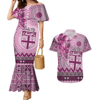 Vintage Bula Fiji Personalised Couples Matching Mermaid Dress and Hawaiian Shirt Pink Hibiscus Tapa Pattern LT9 Pink - Polynesian Pride