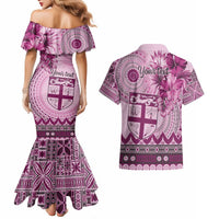 Vintage Bula Fiji Personalised Couples Matching Mermaid Dress and Hawaiian Shirt Pink Hibiscus Tapa Pattern LT9 - Polynesian Pride