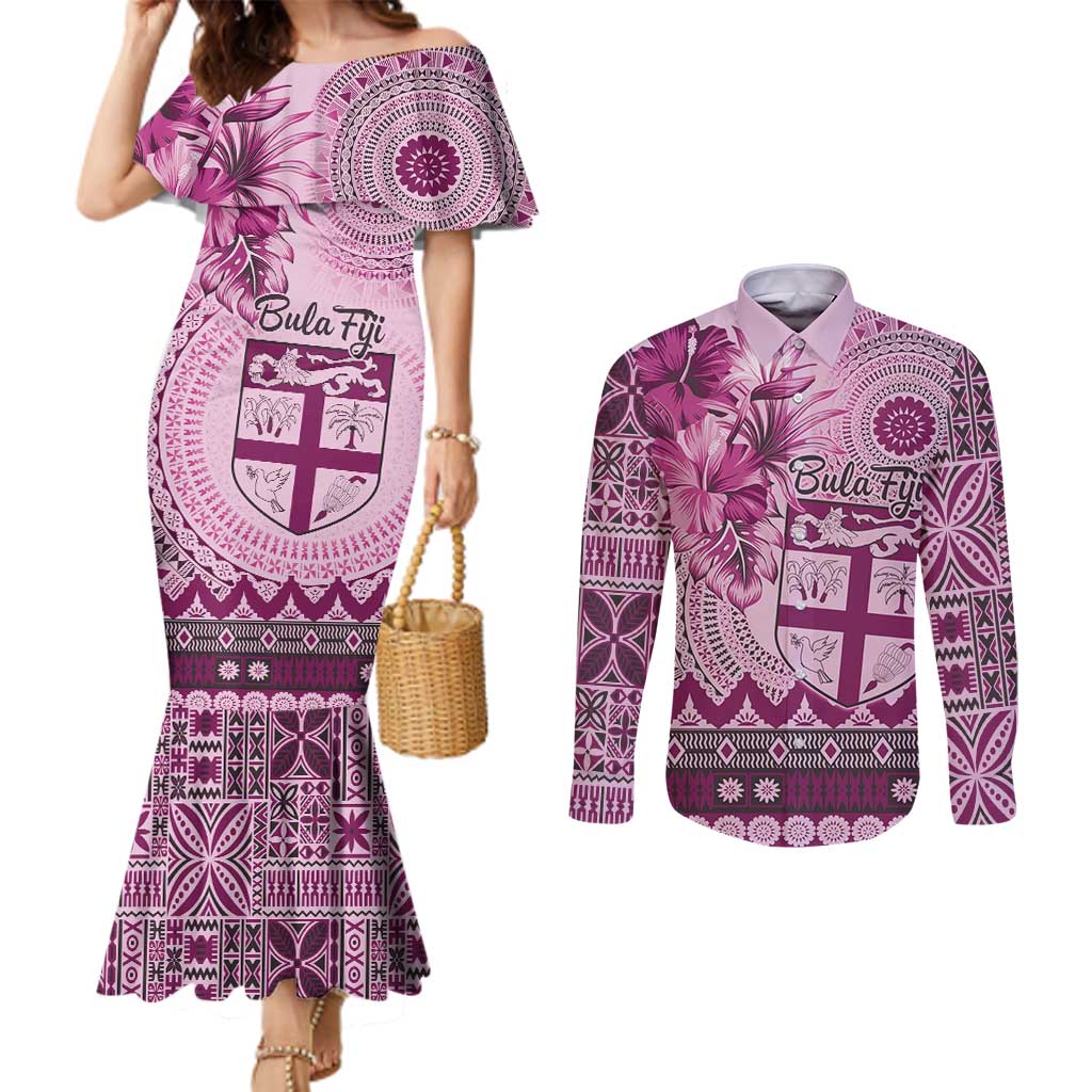 Vintage Bula Fiji Personalised Couples Matching Mermaid Dress and Long Sleeve Button Shirt Pink Hibiscus Tapa Pattern LT9 Pink - Polynesian Pride