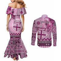 Vintage Bula Fiji Personalised Couples Matching Mermaid Dress and Long Sleeve Button Shirt Pink Hibiscus Tapa Pattern LT9 - Polynesian Pride