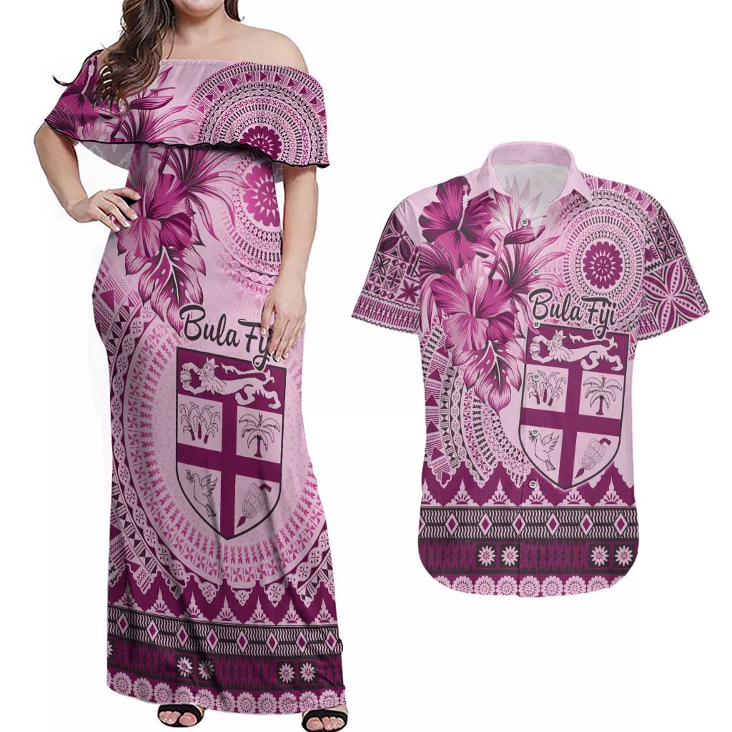 Vintage Bula Fiji Personalised Couples Matching Off Shoulder Maxi Dress and Hawaiian Shirt Pink Hibiscus Tapa Pattern LT9 Pink - Polynesian Pride