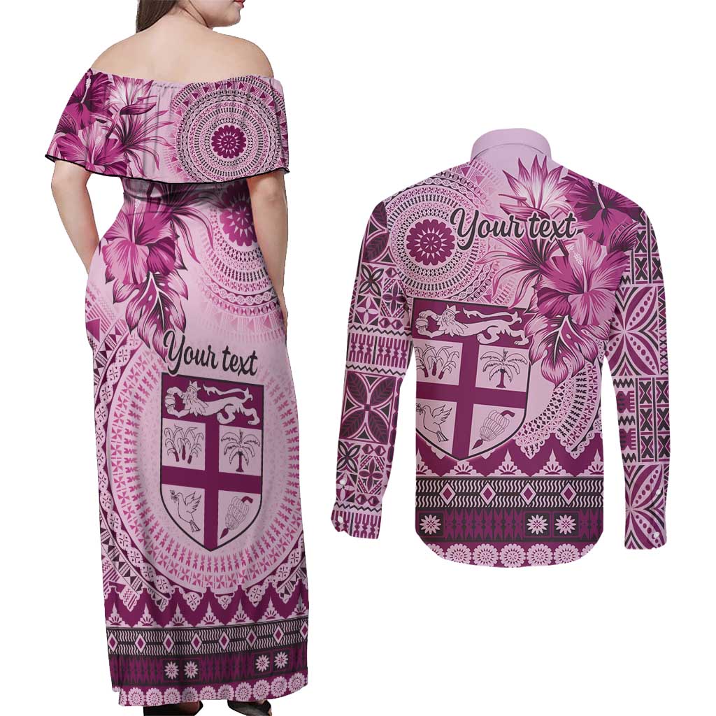 Vintage Bula Fiji Personalised Couples Matching Off Shoulder Maxi Dress and Long Sleeve Button Shirt Pink Hibiscus Tapa Pattern