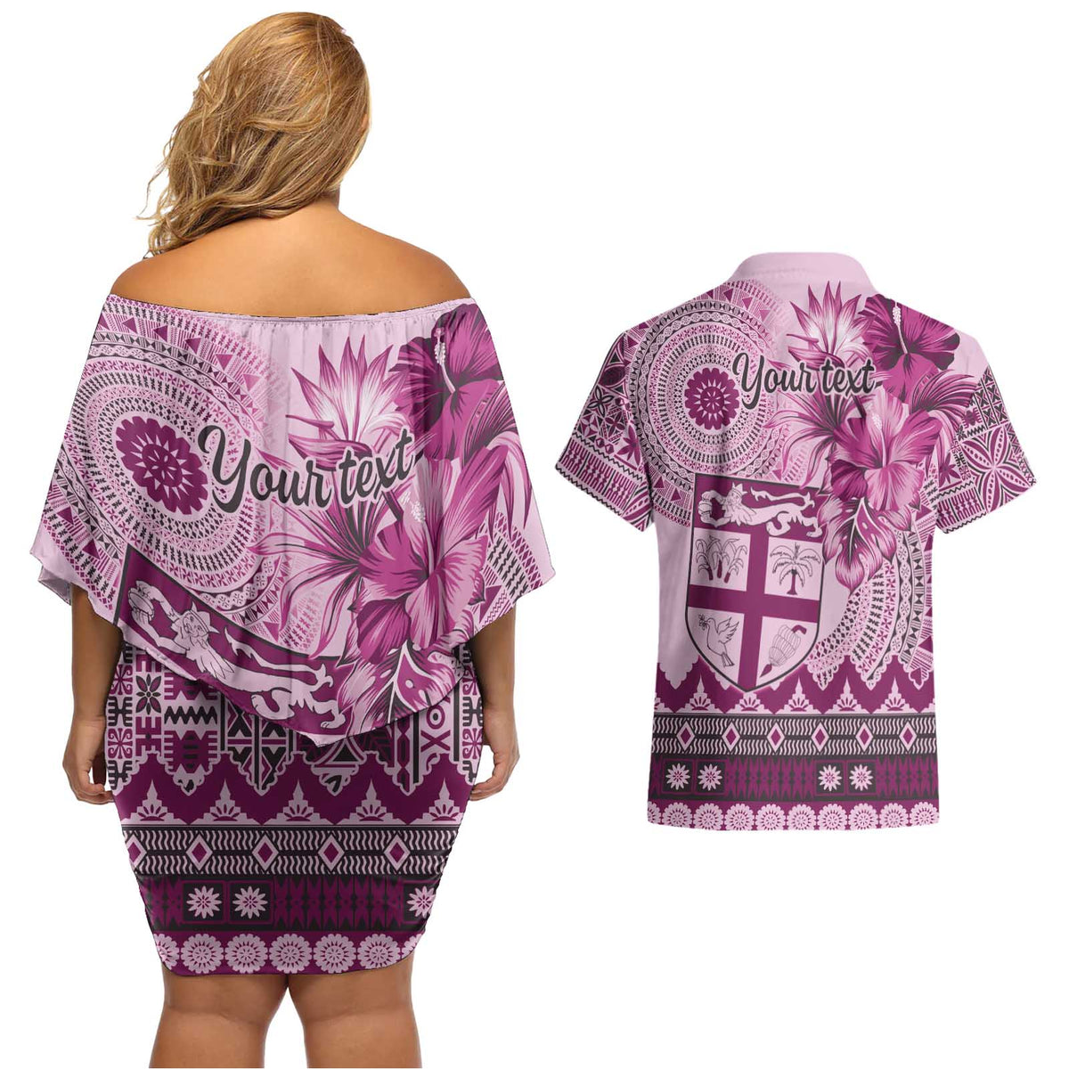 Vintage Bula Fiji Personalised Couples Matching Off Shoulder Short Dress and Hawaiian Shirt Pink Hibiscus Tapa Pattern LT9 - Polynesian Pride