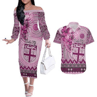 Vintage Bula Fiji Personalised Couples Matching Off The Shoulder Long Sleeve Dress and Hawaiian Shirt Pink Hibiscus Tapa Pattern LT9 Pink - Polynesian Pride