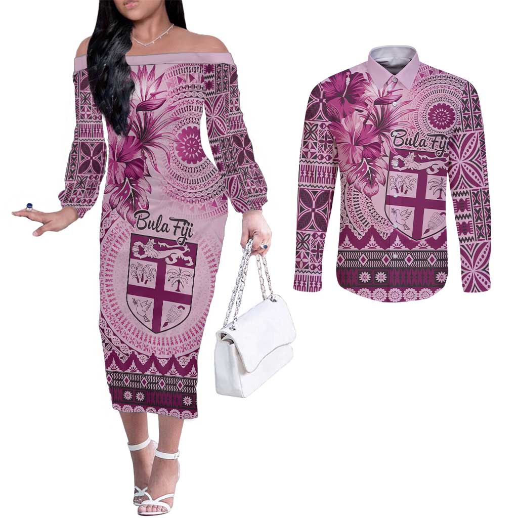 Vintage Bula Fiji Personalised Couples Matching Off The Shoulder Long Sleeve Dress and Long Sleeve Button Shirt Pink Hibiscus Tapa Pattern LT9 Pink - Polynesian Pride