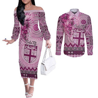 Vintage Bula Fiji Personalised Couples Matching Off The Shoulder Long Sleeve Dress and Long Sleeve Button Shirt Pink Hibiscus Tapa Pattern LT9 Pink - Polynesian Pride