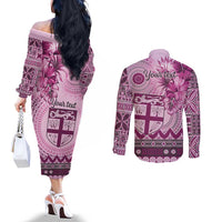 Vintage Bula Fiji Personalised Couples Matching Off The Shoulder Long Sleeve Dress and Long Sleeve Button Shirt Pink Hibiscus Tapa Pattern LT9 - Polynesian Pride