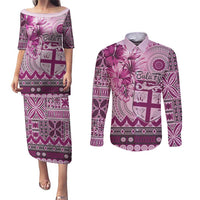 Vintage Bula Fiji Personalised Couples Matching Puletasi and Long Sleeve Button Shirt Pink Hibiscus Tapa Pattern