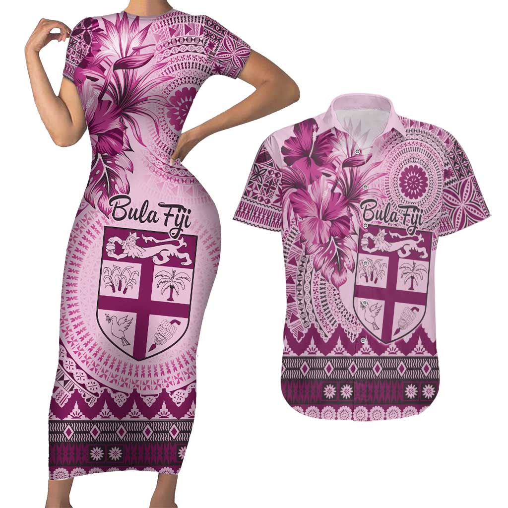 Vintage Bula Fiji Personalised Couples Matching Short Sleeve Bodycon Dress and Hawaiian Shirt Pink Hibiscus Tapa Pattern LT9 Pink - Polynesian Pride