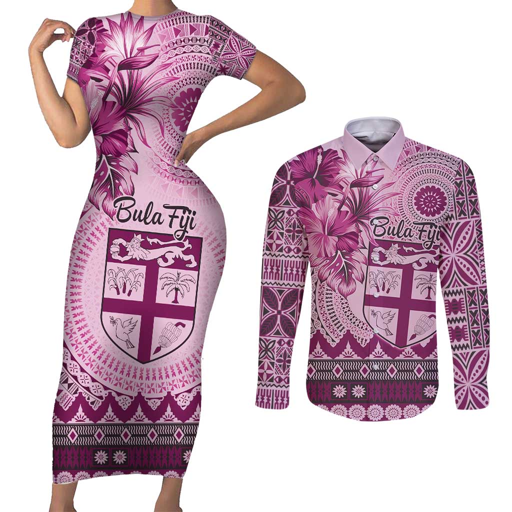 Vintage Bula Fiji Personalised Couples Matching Short Sleeve Bodycon Dress and Long Sleeve Button Shirt Pink Hibiscus Tapa Pattern LT9 Pink - Polynesian Pride