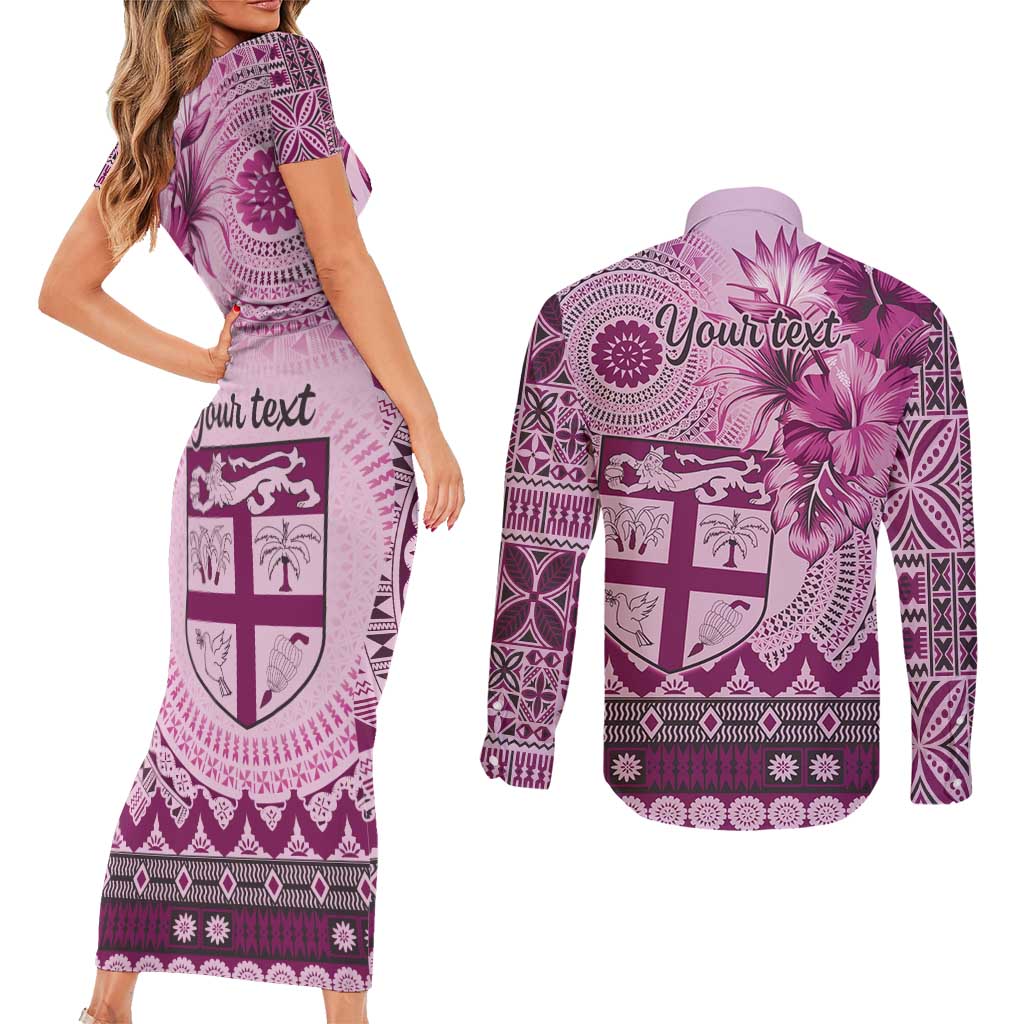 Vintage Bula Fiji Personalised Couples Matching Short Sleeve Bodycon Dress and Long Sleeve Button Shirt Pink Hibiscus Tapa Pattern LT9 - Polynesian Pride