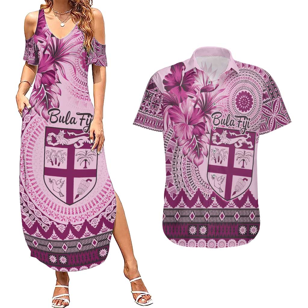 Vintage Bula Fiji Personalised Couples Matching Summer Maxi Dress and Hawaiian Shirt Pink Hibiscus Tapa Pattern LT9 Pink - Polynesian Pride