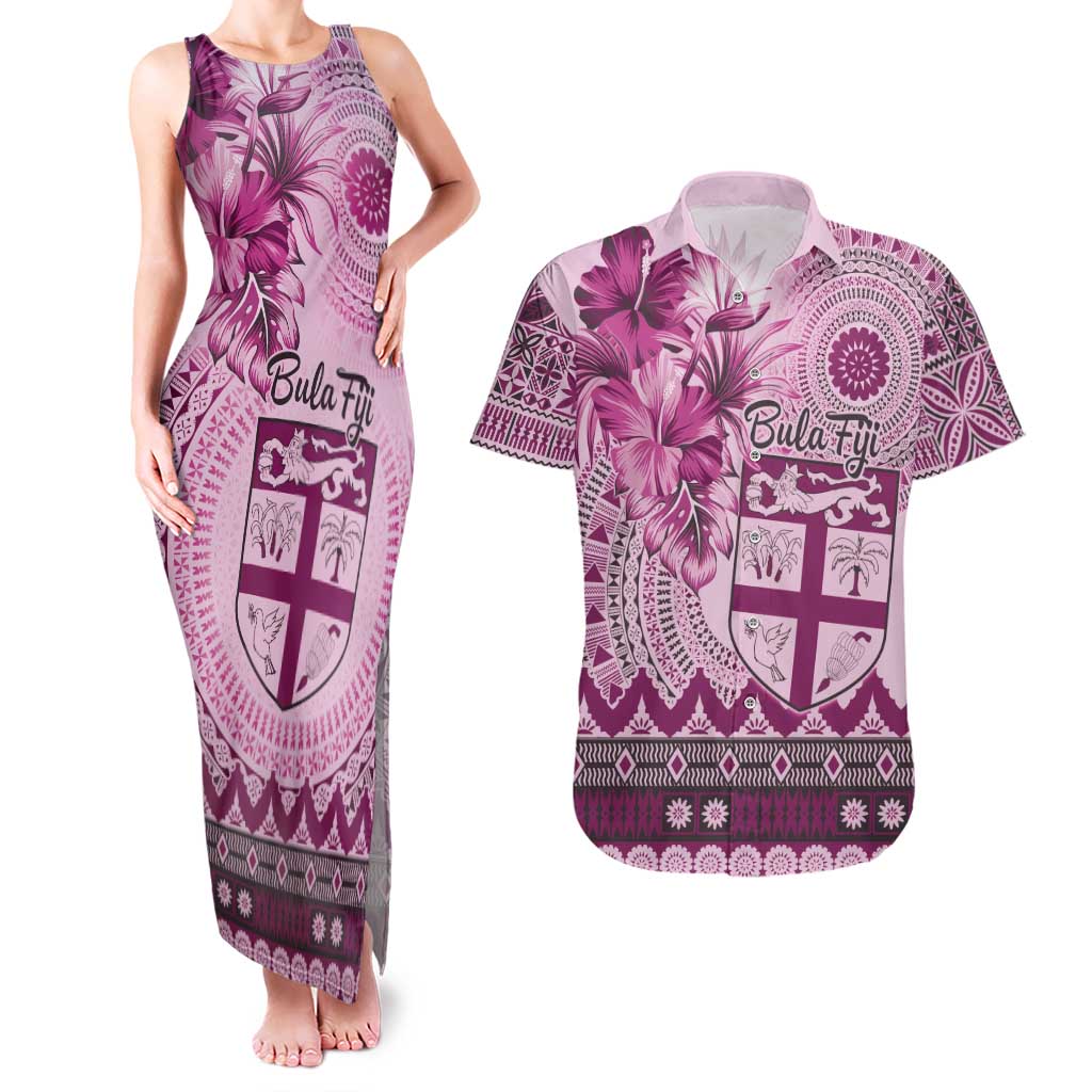 Vintage Bula Fiji Personalised Couples Matching Tank Maxi Dress and Hawaiian Shirt Pink Hibiscus Tapa Pattern LT9 Pink - Polynesian Pride