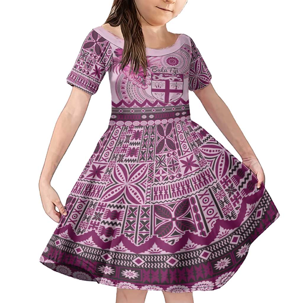 Vintage Bula Fiji Personalised Family Matching Long Sleeve Bodycon Dress and Hawaiian Shirt Pink Hibiscus Tapa Pattern LT9 Daughter's Dress Pink - Polynesian Pride