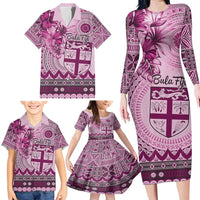 Vintage Bula Fiji Personalised Family Matching Long Sleeve Bodycon Dress and Hawaiian Shirt Pink Hibiscus Tapa Pattern LT9 - Polynesian Pride