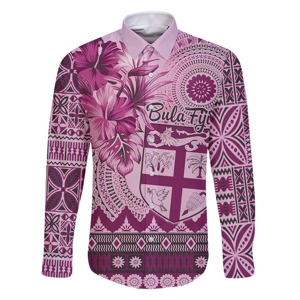 Vintage Bula Fiji Personalised Family Matching Long Sleeve Bodycon Dress and Hawaiian Shirt Pink Hibiscus Tapa Pattern LT9 Dad's Shirt - Long Sleeve Pink - Polynesian Pride