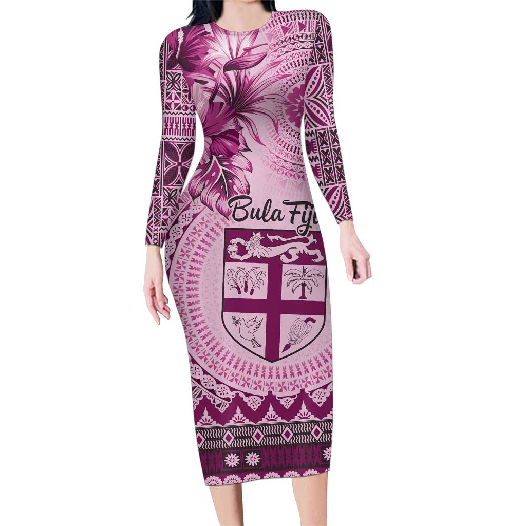 Vintage Bula Fiji Personalised Family Matching Long Sleeve Bodycon Dress and Hawaiian Shirt Pink Hibiscus Tapa Pattern LT9 Mom's Dress Pink - Polynesian Pride