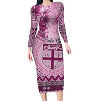 Vintage Bula Fiji Personalised Family Matching Long Sleeve Bodycon Dress and Hawaiian Shirt Pink Hibiscus Tapa Pattern LT9 Mom's Dress Pink - Polynesian Pride