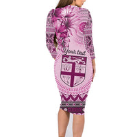 Vintage Bula Fiji Personalised Family Matching Long Sleeve Bodycon Dress and Hawaiian Shirt Pink Hibiscus Tapa Pattern LT9 - Polynesian Pride