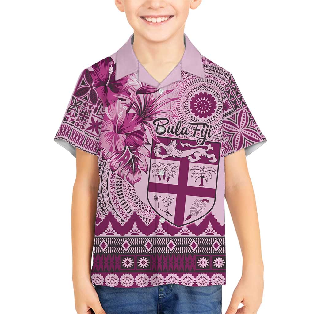 Vintage Bula Fiji Personalised Family Matching Long Sleeve Bodycon Dress and Hawaiian Shirt Pink Hibiscus Tapa Pattern LT9 Son's Shirt Pink - Polynesian Pride