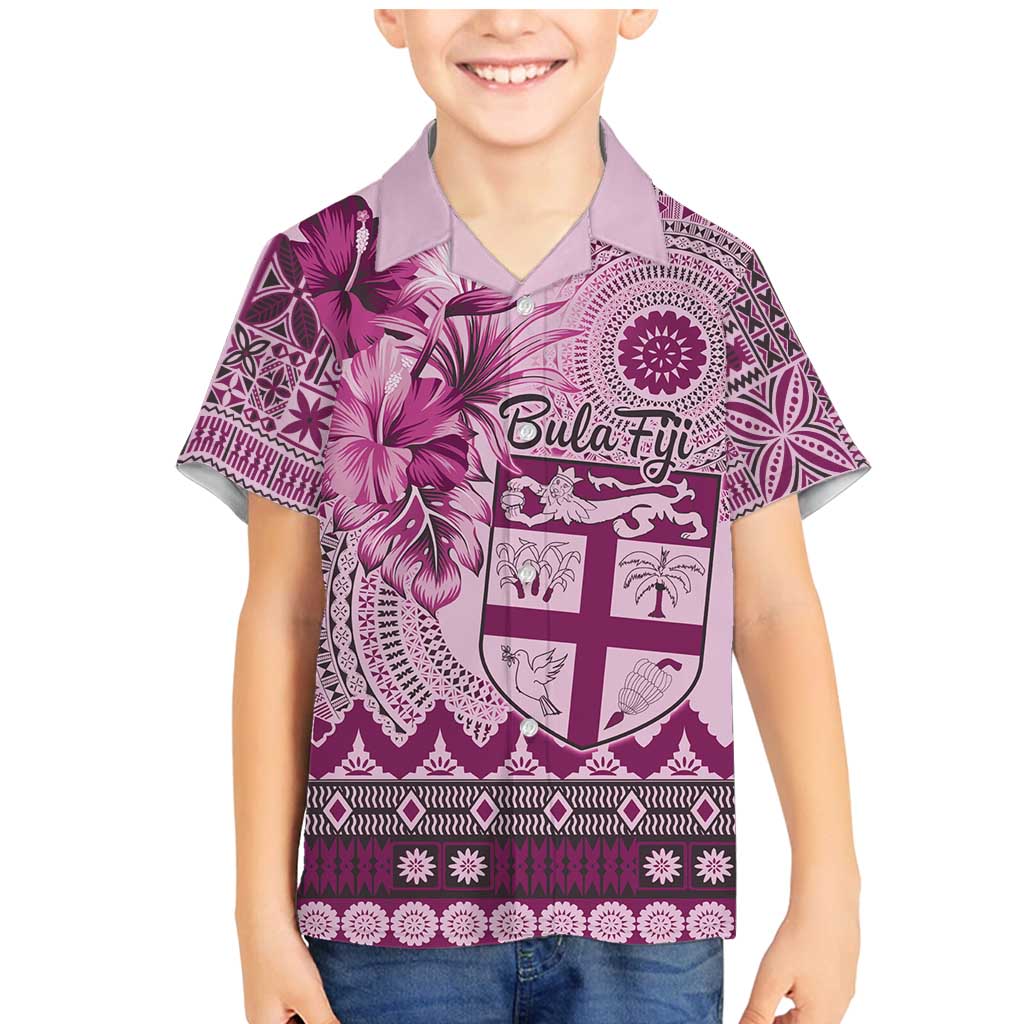Vintage Bula Fiji Personalised Family Matching Mermaid Dress and Hawaiian Shirt Pink Hibiscus Tapa Pattern LT9 Son's Shirt Pink - Polynesian Pride